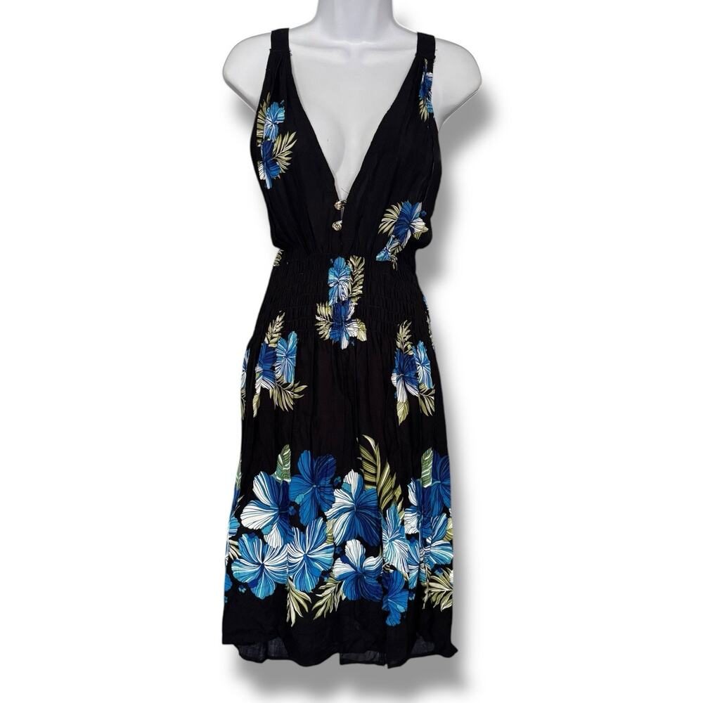 Hawaiian Print Cover Up Free Size Black Blue Floral Beach Swim V-Neck Smocking